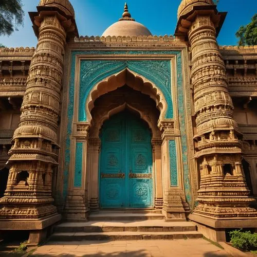 Delhi inspired, Dasnac architectural style, ancient Indian temple, intricately carved stone walls, ornate pillars, grand entrance gate, majestic dome, vibrant turquoise and golden accents, detailed sc