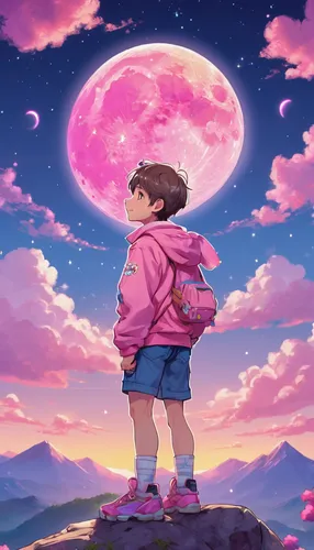 moon walk,osomatsu,dusk background,ipê-rosa,pink background,pink dawn,japanese sakura background,moon boots,traveler,pink-purple,sakura background,lunar,would a background,aesthetic,man in pink,vapor,explorer,rose quartz,purple and pink,astral traveler,Illustration,Japanese style,Japanese Style 02