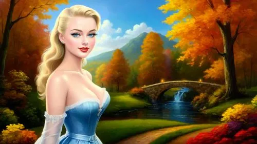 Romantic masterpiece oil painting, cute girl portrait, nostalgic 1950's style kitsch, breathtaking beautiful landscape, majestic natural Autumn scenery, warm evening lighting, highly detailed, high re