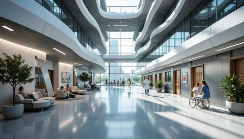 Modern hospital interior, futuristic architecture, sleek metal surfaces, curved lines, minimalist decor, advanced medical equipment, LED lighting, transparent glass partitions, spacious waiting areas,