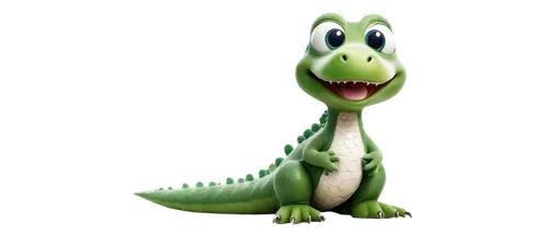 Yoshi, dinosaur character, green skin, big eyes, white belly, small arms, long tail, smiling face, sitting posture, grass texture, soft lighting, warm color tone, 3/4 composition, shallow depth of fie