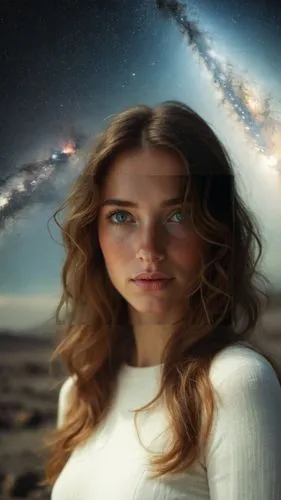 She, a beautiful woman, who is the cosmos itself, infinite in her gaze, amazing like the nebulae, can be distant like the stars, every day is a new world, her love is capable of launching thousands of