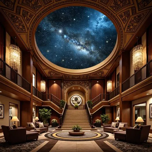 Celestial planetarium, ornate metallic accents, Art Deco patterns, geometric shapes, luxurious fabrics, rich wood tones, opulent chandeliers, starry night sky, constellations, celestial bodies, planet