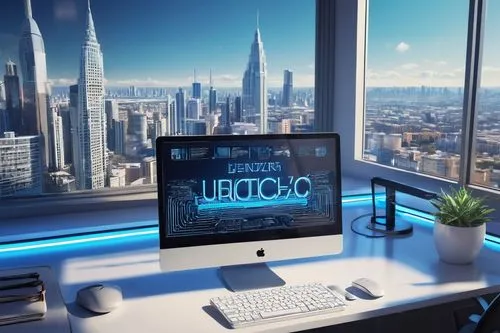 Modern 3D architectural design software, futuristic interface, holographic display, sleek metal frame, glowing blue lines, minimalist desk, ergonomic chair, busy office background, fluorescent lightin