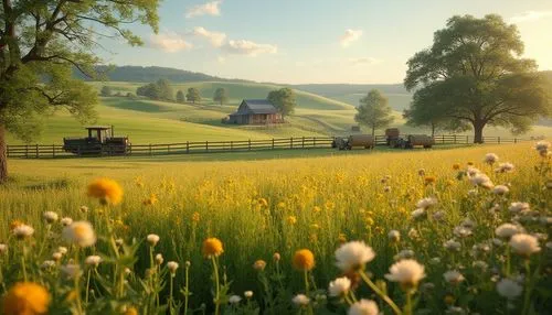 Farmland aesthetics, countryside scenery, rolling hills, green pastures, wheat fields, rustic fences, old oak trees, farmhouses, vintage tractors, hay bales, wildflowers blooming, sunny afternoon, war