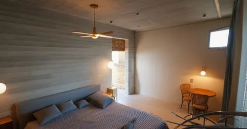 una habitacion de hotel boutique minimalista las paredes de chukum y el muro de la cabecea de hormigon aparente con un piso de cemento pulido y las lamparas colgantes detallas seoprendeme
,inverted co