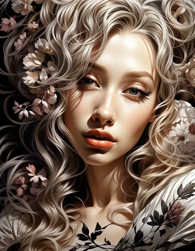 fantasy portrait,mystical portrait of a girl,flora,faery,fantasy art,jasmine blossom,magnolia,star magnolia,moonflower,faerie,girl in flowers,gardenia,dryad,magnolias,scent of jasmine,world digital painting,flower fairy,fashion illustration,wild roses,scent of roses