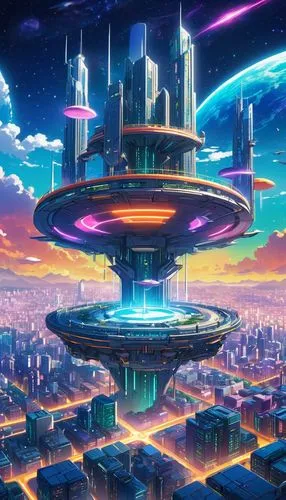 futuristic landscape,metropolis,futuristic,sky city,fantasy city,scifi,valerian,skyscraper,cg artwork,ufo,skycraper,cityscape,sky space concept,sci-fi,sci - fi,orbital,space port,futuristic architecture,hub,sci fiction illustration,Illustration,Japanese style,Japanese Style 03