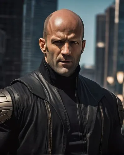 (((Jason Statham as The Metabaron))) (((He is bald, bulk, and a dressed with black clothes and a black jacket))) from The Incal, in a movie adaptation. Realistic detailed.,statham,messalla,markus,morp