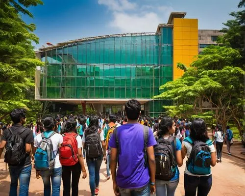 Bangalore, architecture and design colleges, modern buildings, glass facades, steel structures, green roofs, urban landscape, bustling streets, students walking, backpacks, laptops, notebooks, pens, c