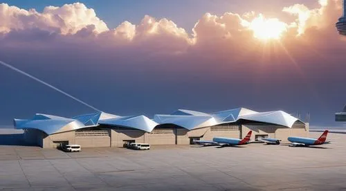 futuristic art museum,sky space concept,futuristic architecture,cube stilt houses,airport apron,hangar,parked boat planes,rows of planes,roof domes,tail fins,casa c-212 aviocar,airport terminal,boeing x-45,solar cell base,fixed-wing aircraft,transport hub,airships,air transport,delta-wing,zeppelins,Photography,General,Realistic