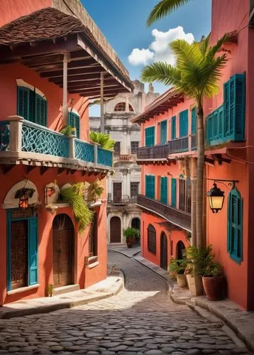 Colonial-style buildings, vibrant colors, intricate stone carvings, ornate balconies, wooden shutters, red-tiled roofs, palm trees surrounding, tropical plants, flowers blooming in bright colors, cobb