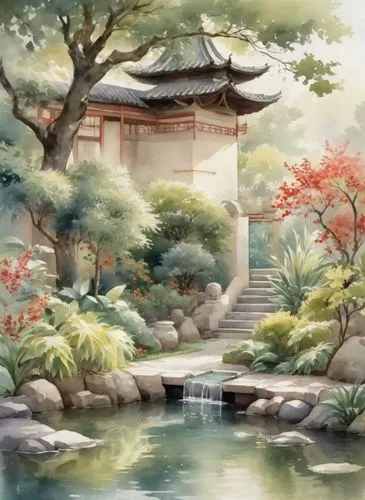 watercolor background,oriental painting,japanese garden,japan garden,japanese garden ornament,teahouse,landscape background,japanese floral background,japanese art,lotus pond,heian,japanese sakura background,japanese background,asian architecture,japan landscape,koi pond,sake gardens,japanese shrine,garden pond,sakura background,Digital Art,Watercolor