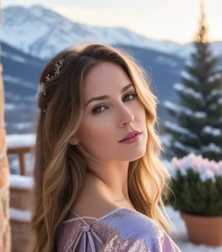 The middle half of a vibrant and radiant caucasian girl gazes out at the bright lights of Aspen in a breathtaking scene. She wears a beautiful silver dress that flows gently in the breeze, casting a w