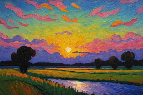 color fields,painting technique,dusk,sunset,layer of the sun,coast sunset,sunset glow,purple landscape,vincent van gough,colorful light,sun,stratocumulus,dutch landscape,post impressionist,first light,oil on canvas,summer solstice,solar field,straw field,oil pastels,Art,Artistic Painting,Artistic Painting 36