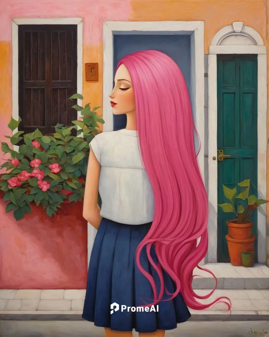 A pretty woman with long pink hair and clean clothes，by Didier Lourenço,rapunzel,the long-hair cutter,pink hair,la violetta,italian painter,apulia,ipê-rosa,fuchsia,puglia,hip rose,positano,lacerta,fu