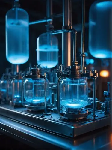 Stable diffusion, futuristic laboratory, sci-fi setting, sleek metal equipment, glass containers, tubes, wires, complex machinery, soft blue glow, subtle steam effect, mysterious atmosphere, close-up 