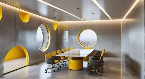 Design an office conference room where sunlight enters through circular windows. Make the floor gray marble, the walls yellow, and the ceiling white, centering on white tables and yellow chairs. Add c