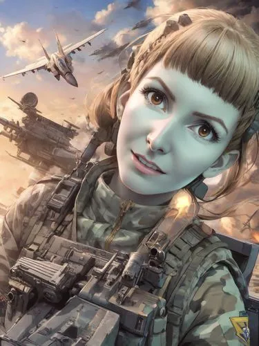 a female soldier is holding a gun in her hand,andromedae,hoshihananomia,katyusha,jsdf,tsuneo,heliborne,Digital Art,Anime