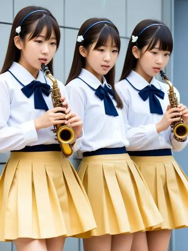 Japanese schoolgirls making music.,three women in dresses are holding their instruments,euphoniums,euphonium,nmb,chirasevenupraphand,adumin,serenaders