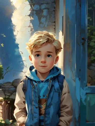 a 4 years old boy with blond hear,a painting of a boy standing in front of a blue door,adrien,digital painting,anduin,world digital painting,lucas,children's background,Illustration,Vector,Vector 01