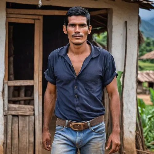 Joven de 30 años, ojos claros color miel, cabello negro, cejas pobladas, cara juvenil, el más bello de la región, hombre humilde, sin barba ni bigote, delgado, vive en una finca en Guacamayal, un pueb