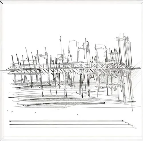 frame drawing,line drawing,wireframe graphics,wireframe,boat yard,container terminal,harbor cranes,docks,wooden boats,cd cover,sailing boats,kirrarchitecture,mono-line line art,scribble lines,boats,bo