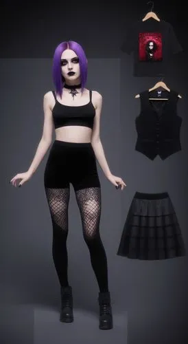 Paper doll 2d cartoon goth purple haired girl in black sleeveless shirt , black spandex shorts, complete full length fishnet and black goth knee Boots, standing surrounded by with a set of goth fashio