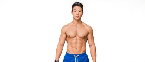 Muscular shirtless man, athletic build, strong chest, six-pack abs, toned arms, masculine facial features, short hair, no glasses, standing pose, confident expression, soft natural light, 3/4 composit