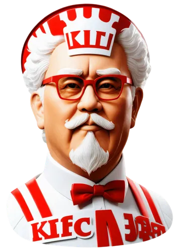 KFC Japan logo, red and white color scheme, circular shape, Colonel Sanders' face, Japanese Kanji characters, golden crown, bold font, 3D effect, low-angle shot, central composition, warm lighting, hi