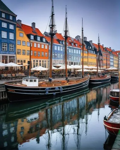 Copenhagen, Denmark, Nordic architecture, colorful buildings, ornate facades, steeply pitched roofs, tall spires, grand canals, Nyhavn harbor, vibrant waterfront, old sailing ships, moored boats, pede