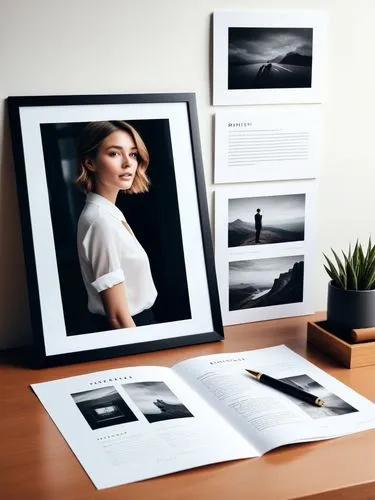 Create an elegant portfolio that showcases your best work.,the image on display is of a woman's face and a picture of a pographer,blank photo frames,photo frames,white frame,blur office background,fra