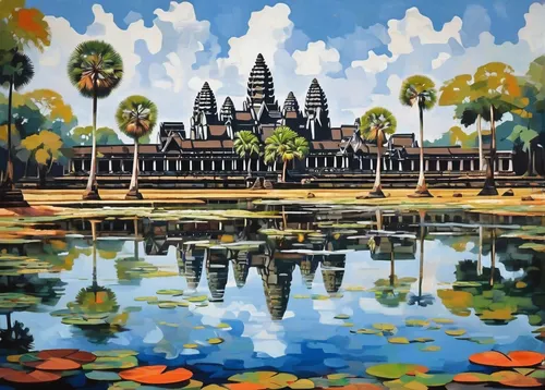 View of Angkor Wat with pond. It is the largest religious monument in the world. It's name means City which is a  temple; Cambodia.,angkor,cambodia,angkor wat temples,prambanan,siem reap,ayutthaya,phr