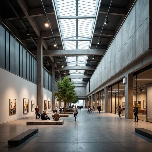 Vibrant exhibition hall, high ceilings, clerestory windows, natural light pouring in, minimalist interior design, polished concrete floors, sleek metal beams, modern art installations, interactive dis