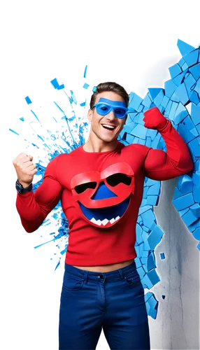 Kool-Aid man, muscular build, blue skin, big smile, sunglasses, bursting through wall, dynamic pose, colorful explosion background, shards of broken wall, bright lighting, 3/4 composition, vibrant col