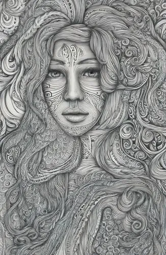 a black and white drawing of a woman's face with hair,medusa,leota,cailleach,nereid,diwata,medusa gorgon,Illustration,Black and White,Black and White 05