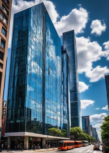 Modern architecture, skyscraper, cityscape, daytime, clear sky, white clouds, reflections on glass windows, angular lines, sleek design, steel beams, concrete foundation, urban landscape, busy streets