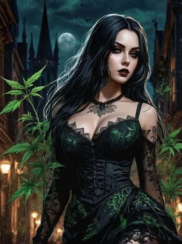 Calligraphy brush, drawing of busty girl, ink only, with mistakes, Close-up of a hemp plant with clusters of small, dark buds on green stems and leaves. ultra detailed, a beautiful goth girl with long