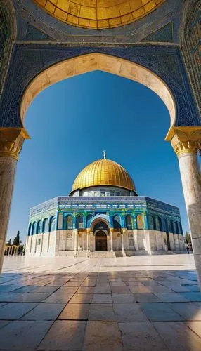 Dome of the Rock, Jerusalem, Islamic architecture, golden dome, intricate patterns, Arabic calligraphy, ornate decorations, marble floors, sacred temple, holy site, Al-Aqsa Mosque, Old City, Middle Ea