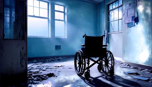 Dark ambient soundscape, eerie atmospheric pads, haunting melody, creepy sound effects, abandoned asylum setting, dimly lit corridor, old dusty hospital equipment, broken wheelchairs, torn curtains, f