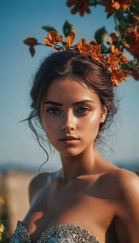 a woman wearing a very  bikini top,beautiful girl with flowers,girl in a wreath,girl in flowers,flower girl,elitsa,indian bride