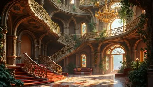 ornate room,staircase,staircases,stairway,palaces,ornate,cochere,hall of the fallen,conservatory,outside staircase,winding staircase,baroque,the threshold of the house,victoriana,rivendell,dandelion hall,fairy tale castle,grandeur,stairwell,hallway,Photography,General,Realistic