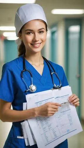 Nurse, female, 25yo, gentle smile, kind eyes, white hat, blue uniform, stethoscope around neck, holding medical chart, standing, hospital corridor, fluorescent lights, rows of patient rooms, wheelchai