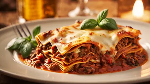 Macro, a forkful of lasagne with seasoned with tomato, ragù, mozzarella, looking appetizing and mouthwatering, turning dish in camera, soft lighting, warm and inviting atmosphere, fantasy style, inspi