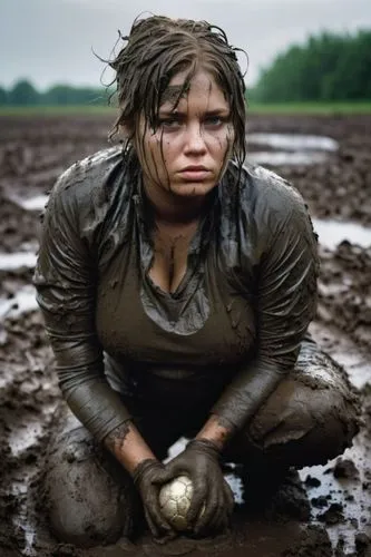 mit schlammbedeckten händen hält sie einen fußball. der ball ist durchnäßt und komplett mit schlamm bedeckt. arme und hände sind mit schlamm bedeckt,mud football,mudbath,muddied,mud lark,muddier,mudla