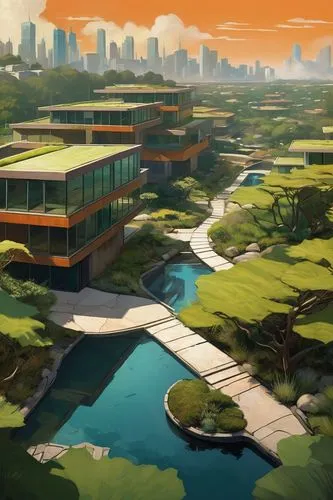 ecotopia,futuristic landscape,kanto,streamwood,cybertown,mayakoba,cybercity,microdistrict,wetlands,enviro,heartlands,golf resort,biome,building valley,fantasy city,floating islands,suburbanized,cyberport,environment,songdo,Conceptual Art,Oil color,Oil Color 04