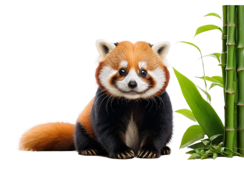 Lesser panda, cute, furry, white and black fur, round face, small nose, big eyes, bamboo leaves, sitting, eating, peaceful atmosphere, warm lighting, 3/4 composition, shallow depth of field, soft focu