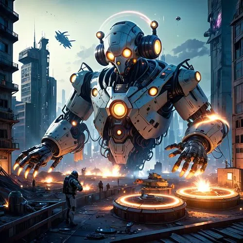 a giant robot running through a city at night,mech,cybersmith,automatons,mecha,tankor,war machine,Anime,Anime,General