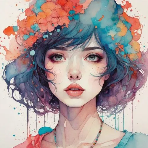 flora,colorful floral,girl in flowers,fantasy portrait,boho art,hydrangeas,watercolor blue,falling flowers,hydrangea,mystical portrait of a girl,flower hat,girl portrait,watercolor,soft pastel,pastel colors,coral bells,petals,watercolor pencils,watercolor flowers,watercolors,Illustration,Paper based,Paper Based 19