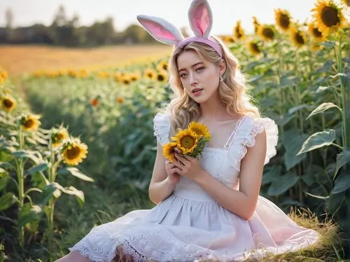 bunny on flower,white rabbit,wild rabbit in clover field,easter theme,girl in flowers,ostara,bunny,beautiful girl with flowers,white bunny,easter bunny,alice in wonderland,lapine,spring background,springtime background,jessamine,chamomile in wheat field,european rabbit,flower fairy,flopsy,spring unicorn,Illustration,Realistic Fantasy,Realistic Fantasy 08